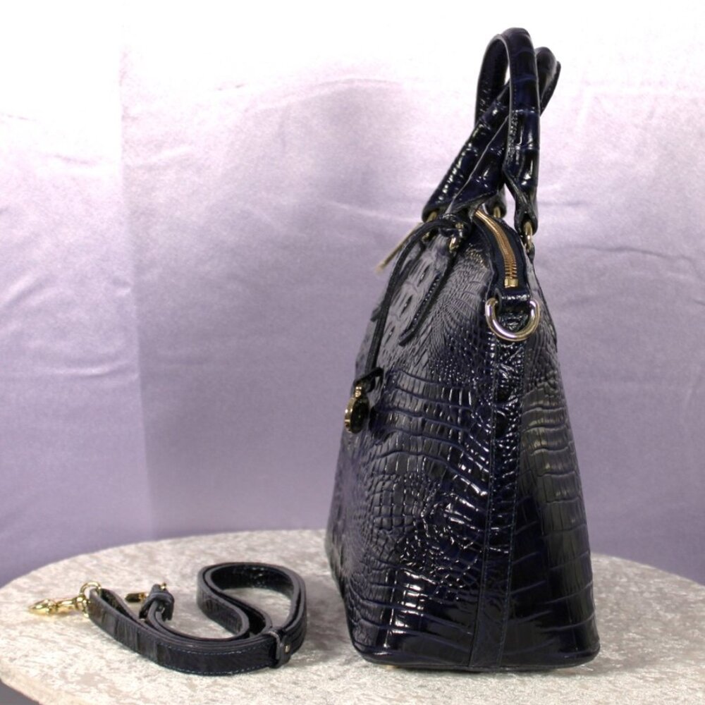 Brahmin Croc Embossed Leather Satchel Navy Melbourne Dome Bag w/ Strap & Dust Ba - Picture 4 of 16